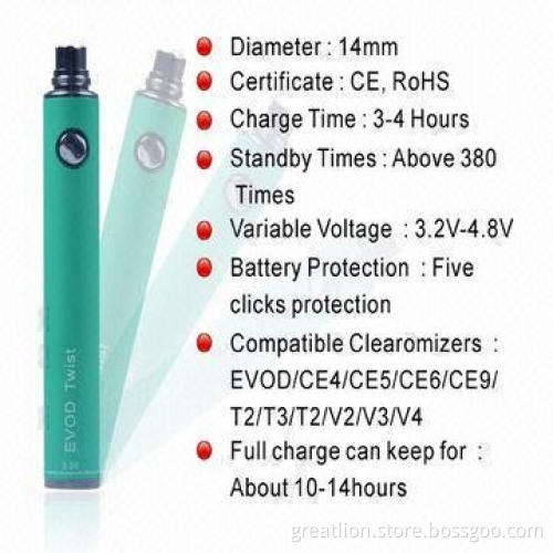 Adjustable Voltage Evod Twist Battery with Screw Cap
